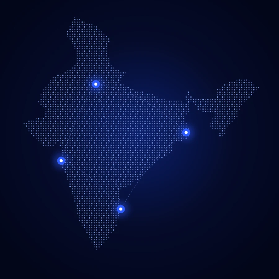 A dotted map of India with glowing points in the north, south, east and west